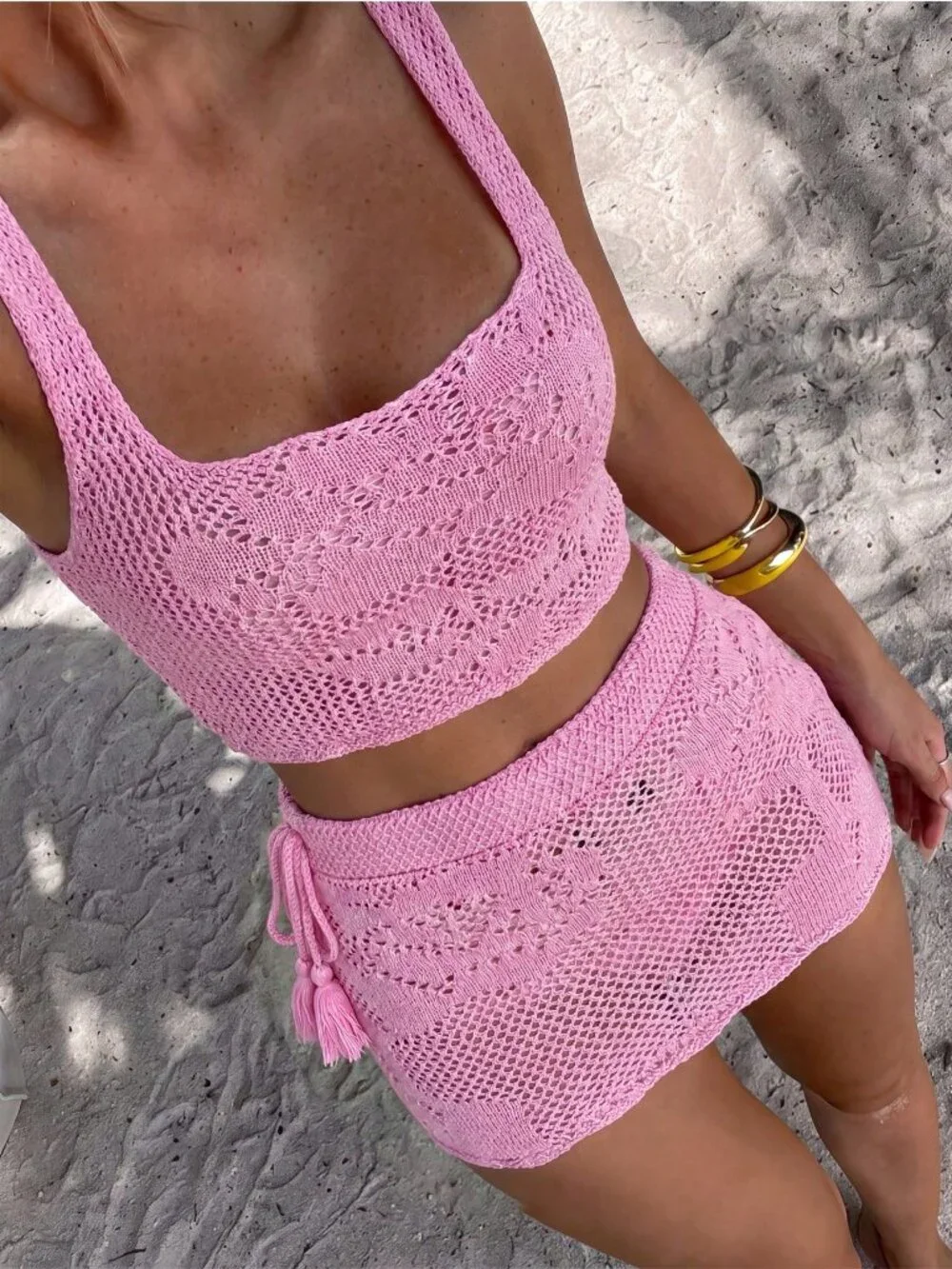 Pink Women's crochet top and skirt  Beach 2-Piece Set - Picture 2 of 4